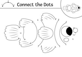 punt-naar-punt en kleur werkzaamheid met schattig clown vis. onder de zee aansluiten de dots spel voor kinderen met grappig water dier. oceaan leven kleur bladzijde voor kinderen. afdrukbare werkblad vector