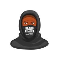 man draagt hoodie met typografie black lives matter symbool in gezichtsmasker. cartoon illustratie vector op witte achtergrond