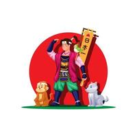 momotaro staande met dier. Japanse helden folklore sprookje concept figuur karakter in cartoon illustratie vector