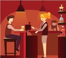 man zit aan toog, bier drinken, praten met barman vrouw platte vectorillustratie vector