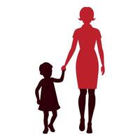 jong moeder in een modern kleding wandelen hand- in hand- met haar kind, kant door kant silhouet vector