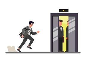 gehaaste zakenman die naar de lift rent, kantoormedewerker te laat voor werk in cartoon vlakke afbeelding vector