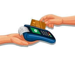 hand veeg creditcard op betalingsapparaat, mobiel bankieren en winkelen symbool concept cartoon illustratie vector