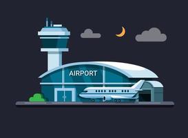 luchthavengebouw 's nachts concept in platte cartoon illustratie vector