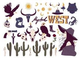 mystiek wild west verzameling. hand- getrokken voorwerpen. klem kunst verzameling van western heksen, sterren, wolven, schedels en andere mystiek decor.. vector