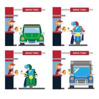 drive thru icon set, motorfiets, vrachtwagen, auto plat ontwerp vector