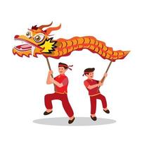 drakendans, chinese traditionele dansartiest om chinees nieuwjaar te vieren met witte achtergrond in vlakke afbeelding symbool vector