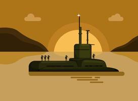 onderzeeër met marine soldaat zee eiland zonsondergang. militaire oorlogsschip cartoon afbeelding vector