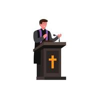 pastoor, priester, prediker spreken op podium met bijbel, cartoon vlakke afbeelding vector geïsoleerd op witte achtergrond