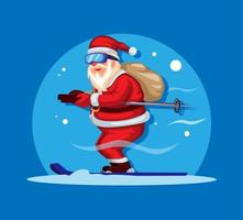 Kerstman skiën met cadeauzakje in de rug op kerstseizoen karakter illustratie vector