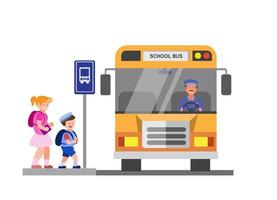schoolbus, kinderen terug naar school in cartoon vlakke afbeelding vector geïsoleerd op witte achtergrond
