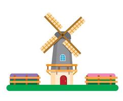 Nederlandse windmolen tussen tulpenvelden, Holland traditioneel gebouw voor landbouwsymbool in vlakke afbeelding bewerkbare vector