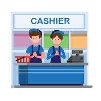 man en vrouw in uniform werken in kassier balie in supermarkt of supermarkt in cartoon vlakke afbeelding vector geïsoleerd op witte achtergrond