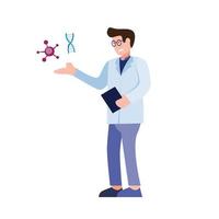wetenschapper, dokter man in laboratoriumjas met bacteriecel en dna cartoon platte karakter illustratie vector