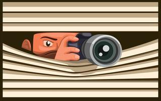 paparazzi nemen foto met behulp van dslr-camera terwijl hij zich verstopt, man legt foto achter gordijnraam in cartoonillustratie vector