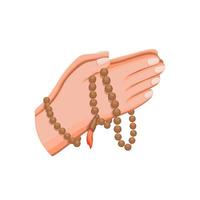 moslim hand met houten kralen bidden, islam religie symbool in cartoon afbeelding vector op witte achtergrond