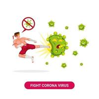 muay thai jager vliegende kick kwaad corona virus. geest om virusbacteriën te stoppen en te vernietigen met traditionele krijgskunst uit thailand in cartoon vlakke illustratie vector geïsoleerd op witte achtergrond