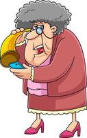 oud grootmoeder tekenfilm karakter pratend Aan cel telefoon met horen trompet vector