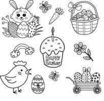 een reeks van Pasen illustraties. schattig kinderen tekeningen voor Pasen. een reeks van gemakkelijk illustraties met bloemen, vlinders, een vogel, een feestelijk mand, eieren en een eigengemaakt taart. de Pasen konijn. illustratie vector