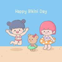 kinderen hand- getrokken schattig kleurrijk gelukkig bikini dag vector