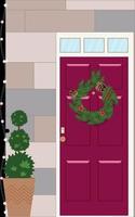 de voordeur is versierd met een kerstkrans. feestelijke ansichtkaart. vector illustratie