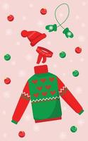 collecties winterkleding. gebreide muts en sjaal, handschoenen, trui in kerststijl, in cartoon platte stijl. vector illustratie