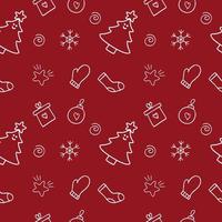 eindeloos naadloos nieuwjaarspatroon op een rode achtergrond. een set van vector doodle illustraties voor kledingontwerp, textiel, maatwerk, het maken van een omslag voor Kladblok. kerst inpakpapier.