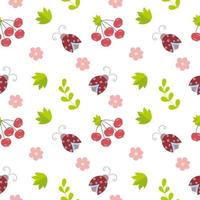 eindeloze naadloze achtergrond met kevers, bloemen en twijgen. kinderpatroon met lieveheersbeestjes in de natuur. achtergrond voor behang, kinderkamer, textiel, kleding, boeken, covers. vector