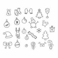 een set handgetekende doodle-tekeningen rond het thema nieuwjaar en kerstmis. vectorcontourelementen voor het decoreren van wenskaarten, uitnodigingen en verpakkingen.. vector