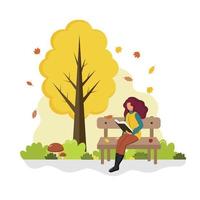 een vrouw in een trui zit op een bankje en leest een boek in een herfstpark. vector platte cartoon afbeelding.