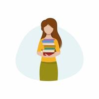 een mooi meisje houdt een stapel boeken vast. een vrouw met boeken in de bibliotheek. het concept van lezen, elektronische bibliotheek en telefoon-apps. infographics voor een boekhandel. platte vectorillustratie. vector