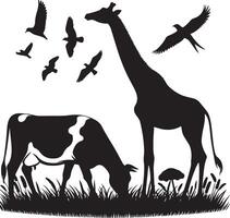 natuurlijk dier koe is begrazing Aan de gras. zwart kleur silhouet vector