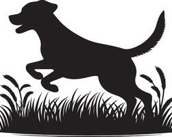 hond in de gras, natuur zwart kleur silhouet vector