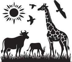 natuurlijk dier koe is begrazing Aan de gras. zwart kleur silhouet vector