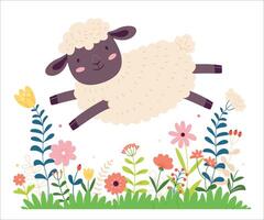 een schapen in Scandinavisch stijl springt door een veld- van bloemen. baby vlak grafisch illustratie. vector