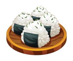 illustratie van onigiri rijst- ballen Aan een houten bord. Japans voedsel geïsoleerd Aan wit achtergrond vector