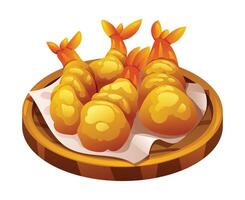 tempura garnaal Aan een houten bord. Japans voedsel. gebakken garnaal. tekenfilm illustratie geïsoleerd Aan wit achtergrond vector