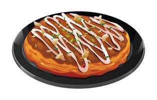 illustratie van okonomiyaki gemotregend met saus en gegarneerd Aan een zwart bord. Japans voedsel geïsoleerd Aan wit achtergrond vector