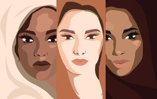 vrouwen dag spandoek. een groep van mooi Dames met verschillend schoonheid, huid kleur. de concept van vrouw, vrouwelijkheid, onafhankelijkheid en gelijkwaardigheid. vector