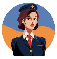 vlak illustratie van een reclame vliegmaatschappij stewardess vlucht begeleider met een vliegtuig in de achtergrond. wijnoogst retro stijl vector
