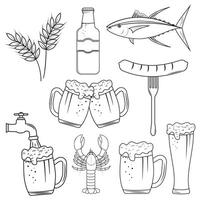 bier glas, mok, fles, hapjes, tarwe, vis, rivierkreeft. Super goed voor bar, kroeg, menu, oktoberfeest. zwart schets vector