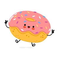 donut jumping karakter. hand- getrokken tekenfilm kawaii karakter illustratie icoon. geïsoleerd Aan wit achtergrond. donut karakter concept vector