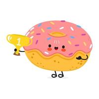 schattig grappig donut houden goud trofee beker. hand- getrokken tekenfilm kawaii karakter illustratie icoon. geïsoleerd Aan wit achtergrond. donut met winnaar trofee kop vector