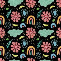 bloemen trippy naadloos patroon. bloemen, planten en abstract elementen Aan een zwart achtergrond. . voor omslag, geval, kleding stof, omhulsel papier, verpakking vector