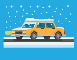 rijdende auto in sneeuwstorm vlakke afbeelding vector