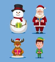 kerstviering met santa, sneeuwman herten en elf tekenset illustratie vector