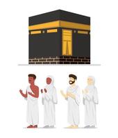 moslim mensen dragen ihram hajj met kabah gebouw icon set in cartoon vlakke afbeelding vector geïsoleerd op witte achtergrond