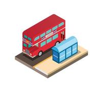 dubbeldekker rode bus met halte, iconische bus uit Londen Engeland in isometrische illustratie bewerkbare vector