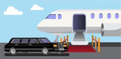 vliegtuig limousine auto en rode loper, vertrek, aankomst vlakke afbeelding vector
