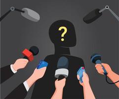 journalist handen met microfoons die een interview uitvoeren met silhouet mysterieuze mensen in cartoon illustratie vector